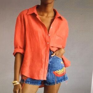 ANTHROPOLOGIE- MAEVE/RED-LINEN BLEND BOYFRIEND SHIRT/NEW